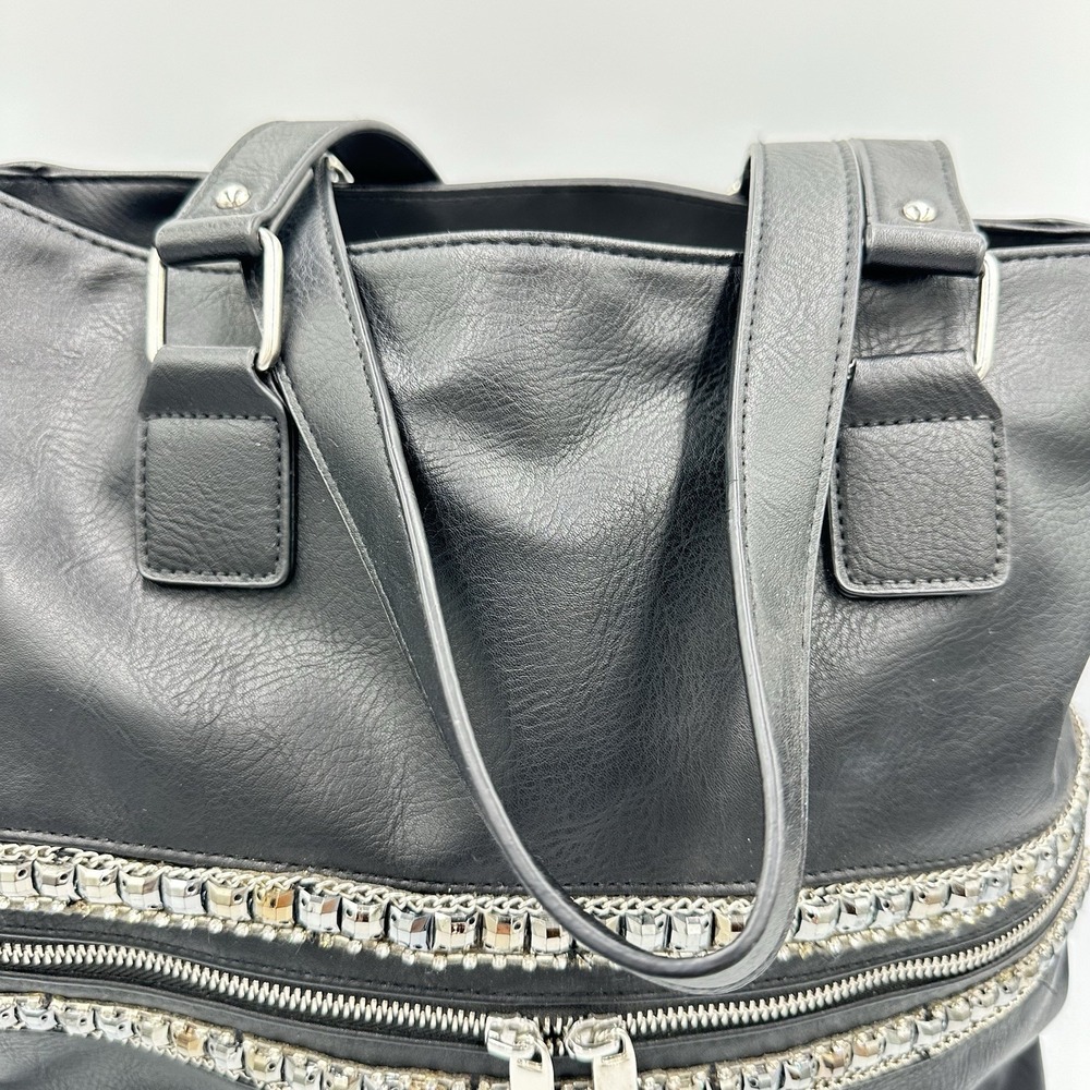 Faux Leather Black Silver Jeweled Large Shoulder Tote Bag 17 X 12 X 6 Edgy Chic - Picture 4 of 7